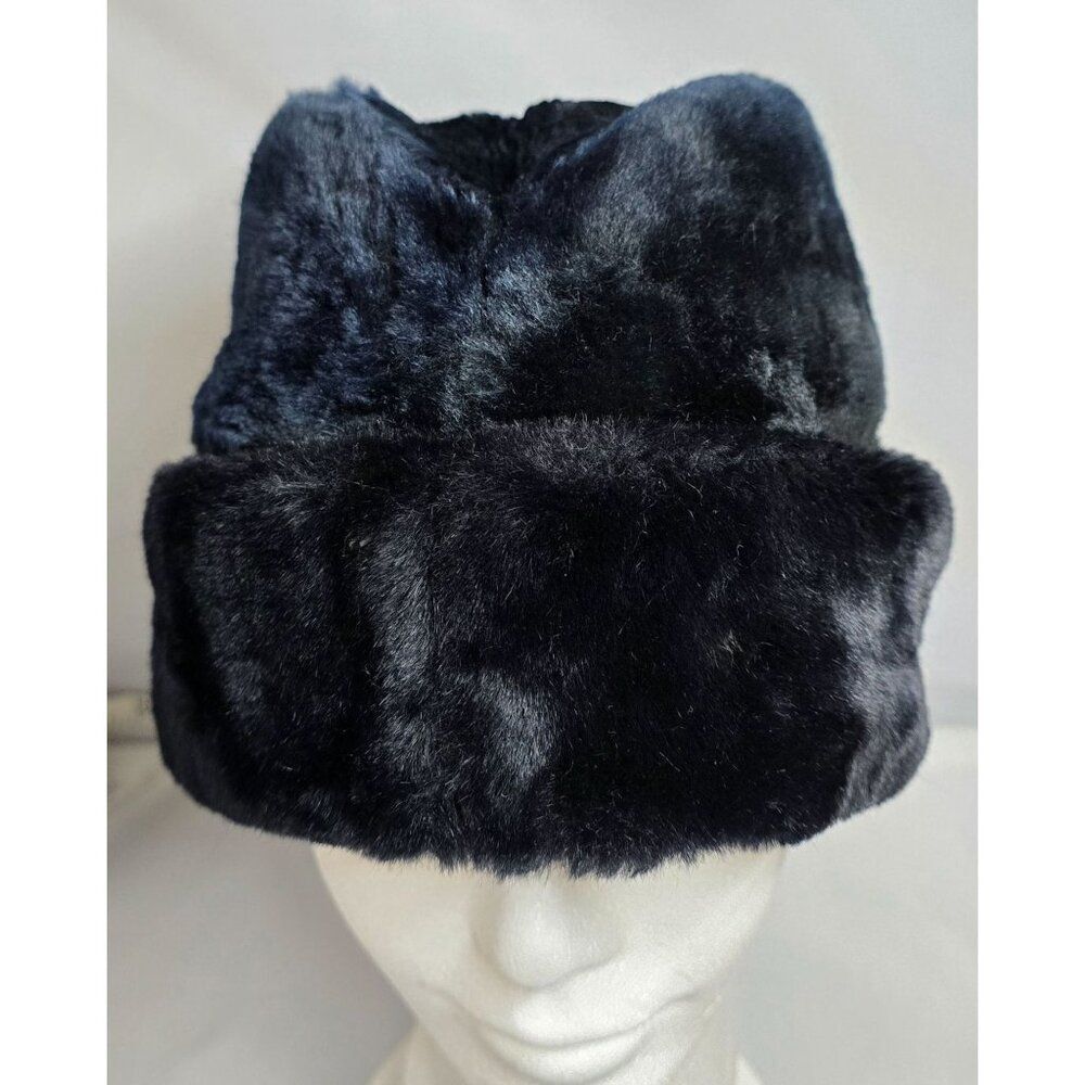 Vintage Navy Blue and Black Faux Fur Hat warm soft